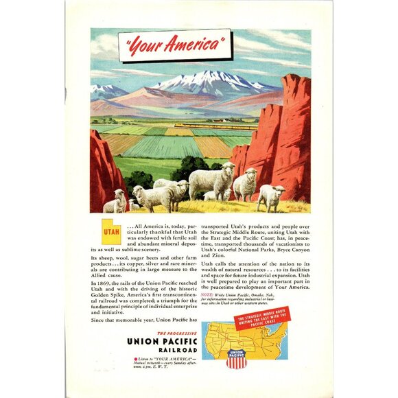 Union Pacific Railroad Mag Ad May 1945 National Geographics Color Full Page WWII - Picture 2 of 2